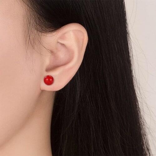 Small Simple Dainty Candy Red Ball Round 925 Sterling Silver Stud Earrings For Women Cute Trendy Jewelry Bijou