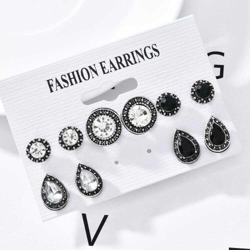 Trendy Jewelry Dazzling green White Black Crystal Bohemian 5 Pairs/Set Pretty Stud Earrings Women Jewelry Dazzling Water Drop