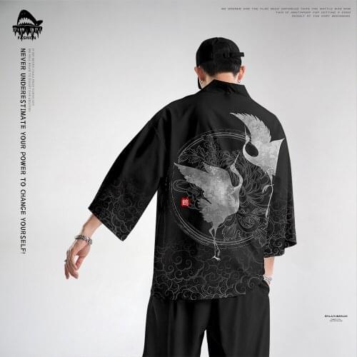 Oversize 6XL Men Harajuku Chinese Crane Printed Kimono And Pant Beach Coat Japanese Style Cardigan Streetwear Haori