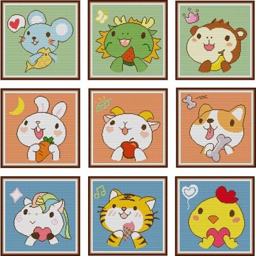 Zodiac DIY Cartoon Animal Series Cross Stitch Kits 14CT 11CT Count and Stamped Printing Needle Thread Embroidery Set Room Decor