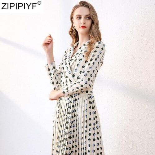 New Design 2020 Elegant Vintage Style Women Dress Dot Print Notched Collar 3/4 Sleeve High Wait Pleated Midi Dresses Vestidos