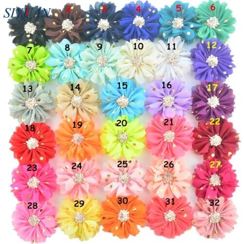Wholesale 240pcs/lot Gold Polka Dot Ballerina Ruffled Chiffon Flower WITH Rhinestone Luxe Headband Hairpin Accessories TH230