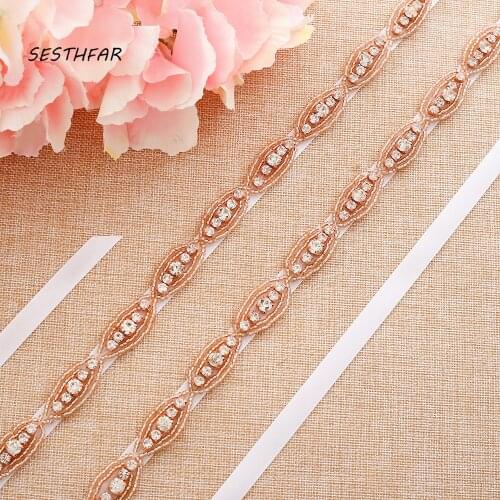 SESTHFAR Pearl Diamond Bridal Belt Rose Gold Rhinestone Belt Hand Beaded Crystal Belt For Wedding Dress