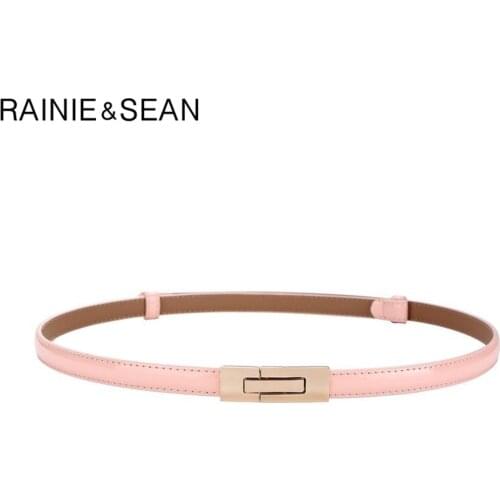 RAINIE SEAN Pink Belt Thin Women Belt Patent Leather Ladies Waist Belt for Dress Cowskin Strap Accessories 96cm