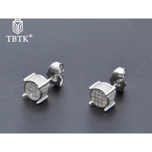 TBTK Round Pattern Earring With Beautiful Clear Zirconia Stone Simple Luxury Style Stud Earring With Screw-Back Punk Men Jewelry