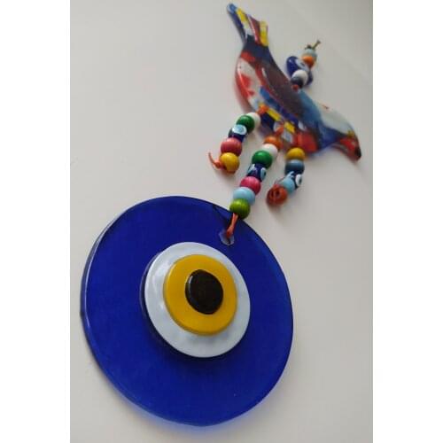Colorful Glass Bird Connected to BigEvil Eyes Fused Glass Bead Turkish Handmade Amulet Wall Hanging Boho Home Decor Ojo Turco