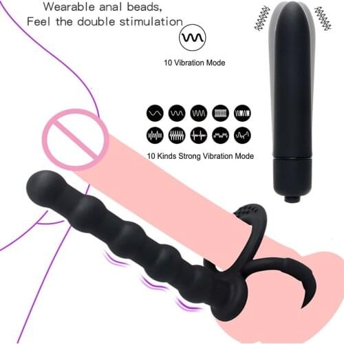Penis Vibrating Ring Double Penetration Strapon Dildo Anal Beads Butt Plug Rabbit Vibrator Clitoris Sex Toys for Couple