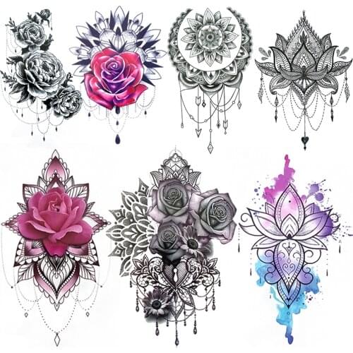 Rose Mehndi Flowers Temporary Tattoos For Women Girls Camellia Pendants Tattoo Watercolor Lotus Fake Jewelry Tatoo Chest Chains