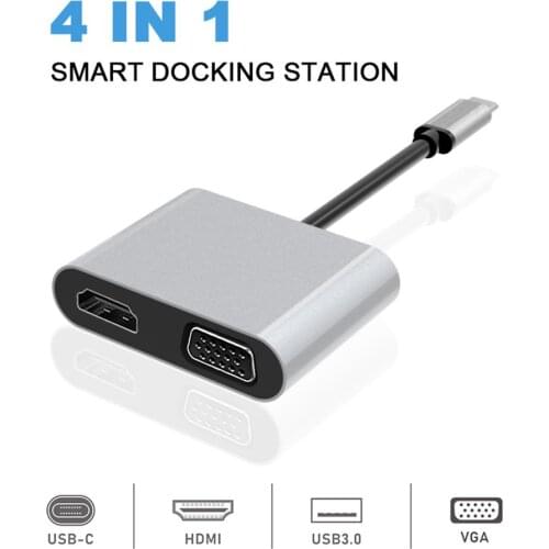 High Quality 4-in-1 Type-C To VGA Audio Video Adapter Aluminum Alloy HD Conversion Adapter USB3.0 Silver Adapter