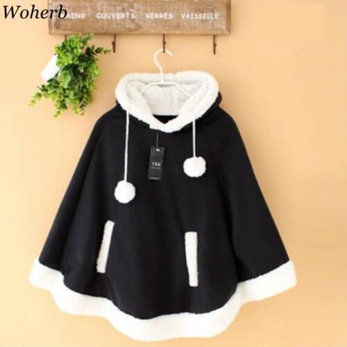 Woherb Japanese Kawaii Cloak Women Autumn Winter Hooded Poncho Cape Coat 2021 Girls Padded Cute Pullover Capes Femme Shawl 23422
