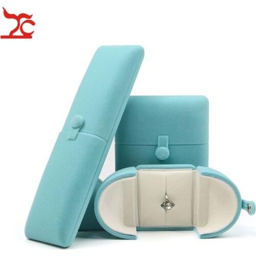 Fashion Sky Blue Velvet Engagement Jewelry Box Double Open Couple Ring Pendant Case Pear Necklace Earring Storage Gift Box