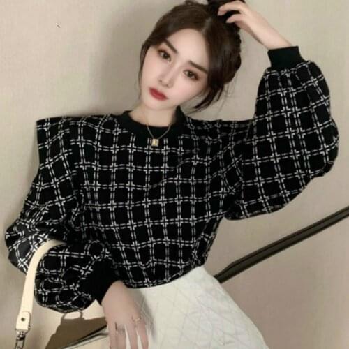 2021 New Spring Autumn Vintage Plaid Loose Women Blouses Ruffles Patchwork Pullovers O-neck Casual Blouse Korean Chic Shirt
