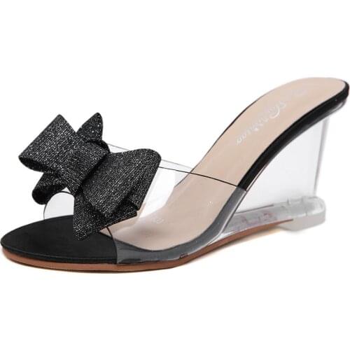Women Summer Shoes Crystal Wedges Sandals Bling Bowknot High Heel Slipper Lady Transparent Heels Peep Toe Wedges Slippers