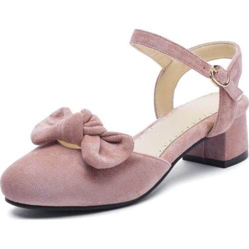 Big Size ladies high heels women shoes woman pumps Round-headed single shoe with bold heel and bow knot