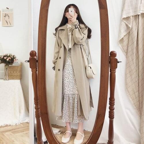 2020 Autumn New Women Double-breasted Long Trench Notched Collar Long Sleeve Casual Windbreaker Autumn Coat Sweetwear Outfit