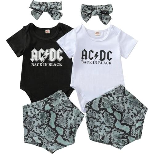 New Baby 3Pcs Summer Outfits, Short Sleeve Letter Print Romper + Snakeskin Shorts + Headband Set