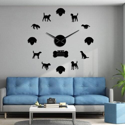 3D American Foxhound Silhouette DIY Silent Wall Clock Dog Breed Foxhound Adhesive Frameless Kit Wall Stickers Large Wall Watch