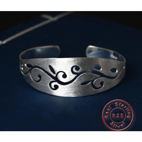 Amxiu Luxury 925 Silver Large Open Bangles Handmade Hollow Out Flower Bangle Vintage Wide Bangles For Women Lady Birthday Gift