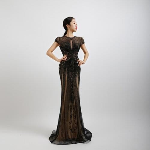 Beauty-Emily Long Mermaid Evening Dresses Black Elegant Beading Sparkling Formal Party Gowns Sexy Prom High-end luxury Gowns New