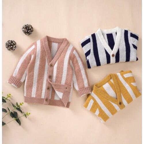 Spring Autumn Toddler Knitted Cardigan Baby Boys Girls Double Color Stripes Long Sleeve Single-breasted Outwear Warm Winter Tops