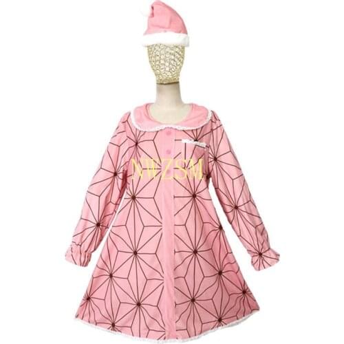Demon Slayer Cosplay Kimetsu no Yaiba Kamado Nezuko Christmas Dress Hat Nightgown Dress Pajamas Sleepwear Cosplay Costume
