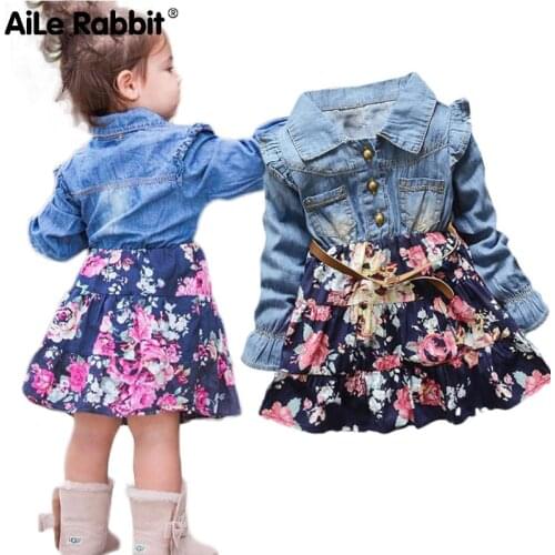 Girls Baby Dress Floral Denim Dress Childrens Clothing Childrens Clothes Autumn Long-sleeved Childrens Clothing
