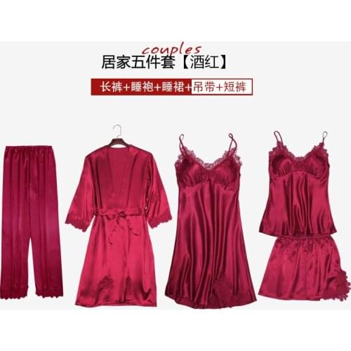 5PC Womens Lace Satin Pajamas Gown Set Silk Robe Sleep Suit V-Neck Cami Nighties Wear Pijama Home Nightwear Spring Nightdress