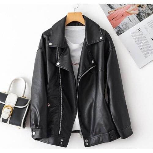 Korean Loose Avocado Green Imitation PU leather Jacket Ladies Casual Long sleeve Spring Autumn Women Turndown collar Biker Coat