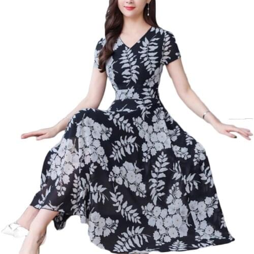Lady Fashion Floral Print Tight Waist Large Swing V-Neck Short Sleeve Maxi Dress Elegant Female Summer Party Beach Dress Vestido