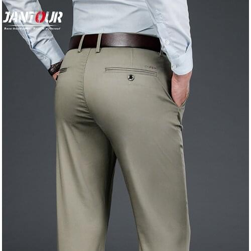 High Quality Mens Bamboo Fiber Regular Casual Pants Spring Summer New Business Straight Stretch Light Grey Trousers Male 29-42