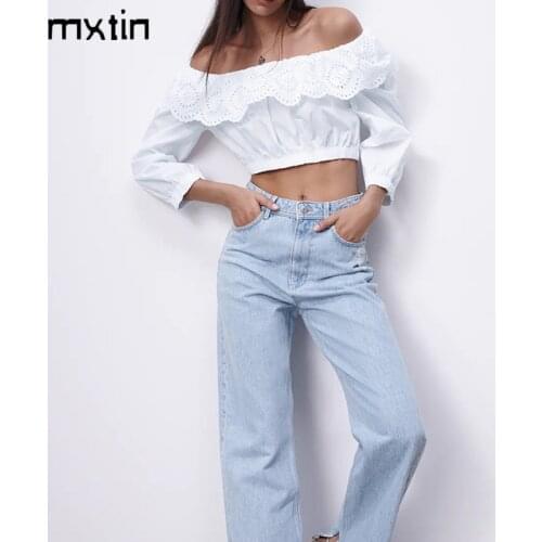 MXTIN 2021 Women Vintage Spring Embroidery White Cropped Blouses Fashion Elastic Waist Female Shirts Blusas Cute Girl Tops