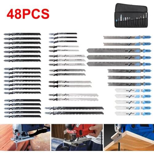48 PCS Jigsaw Blades Set T-Shank Jigsaw Blades with Storage Bag for Wood Plastic Metal Cutting Multi-Size Tools Accessories