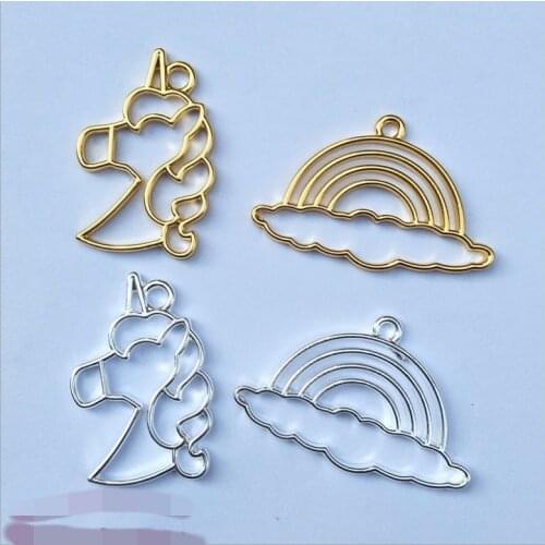 New 5 pcs/lot Rainbow clouds unicorn Metal Frame Pendant Gold Charm Bezel Setting Cabochon Setting UV Resin Charm