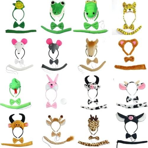 Animal Ear Headband Headwear Tail Tie Bow Props Cartoon Anime Cosplay Costume Make Up Birthday Party Gift Halloween Christmas