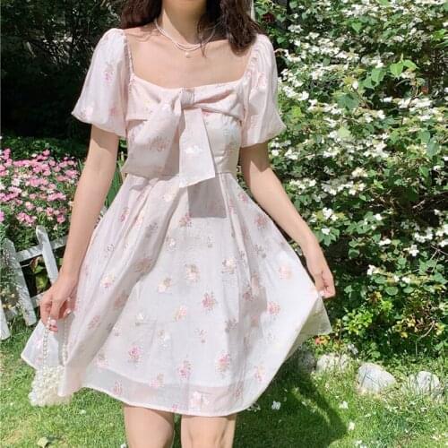 Sannian Sweet Princess Dresses Summer Days New Square Neck Thin Waist Crushed Flowers Bubble Sleeve Dress Women Clothes