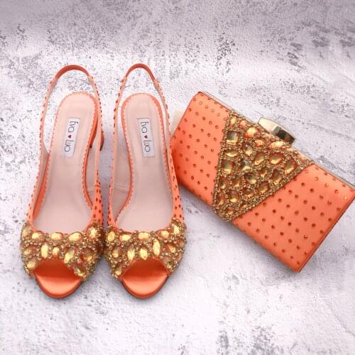 BS1306 Custom Made Women Bridal wedding Shoes High Heel Slingbacks Orange Stones Shoes with Matching Bags Set