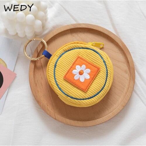 Cute Coin Purse Female Mini Coin Bag Corduroy Round Small Wallet Embroidery Hanging Purse Women Portable Card Wallet Little Bag