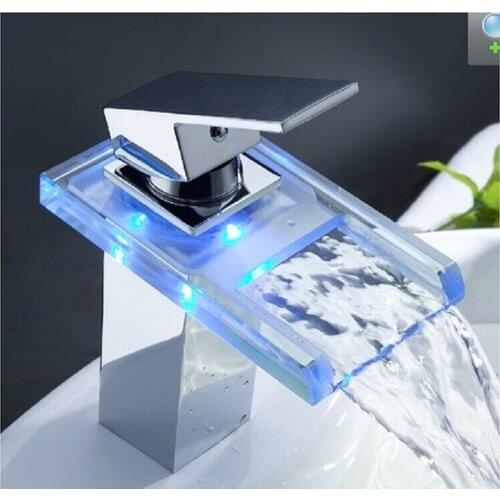 LED temperature light square glass waterfall led bathroom faucet torneira banheiro cozinha