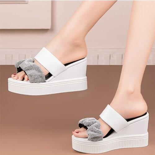Summer Party Fashion Sneakers Women Genuine Leather Peep Toe Chunky Platform Slippers Female Wedges High Heel Mules Casual Shoes