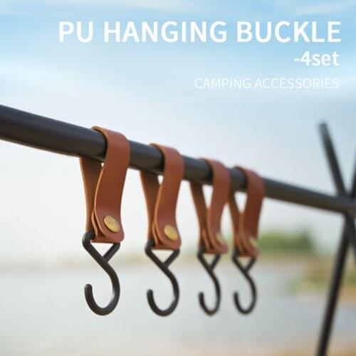 Vintage Leather Camping Hooks Metal Button PU Leather Hanging Holder Hooks Portable Outdoor Hiking Hanger Camping Supplies