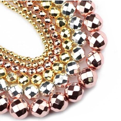 YHBZRET Rose Gold Silve Faceted Hematite Natural Stone 2/3/4/6/8/10mm Round Loose beads Jewelry Making bracelets&necklace DIY