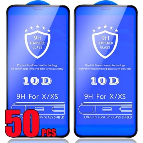 50pcs 10D Tempered Glass Full Glue Cover Premium 9H Screen Protector Film For iPhone 12 Mini 11 Pro Max XS XR X 8 7 6 Plus SE