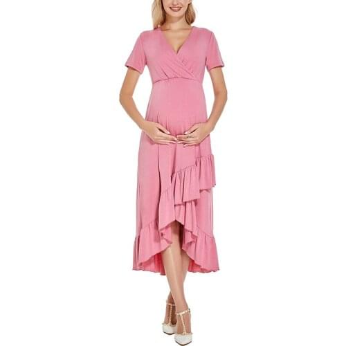 Womens Summer Casual Print V-neck Irregular Hem Skirt Short Sleeve Loose Maternity Dresses Pregnancy Clothes Knee Length Dress