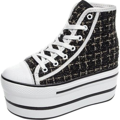 Krasovki Genuine Quality 10cm Super High Women Boots Spring Autumn Platform Flat Heel Chunky Wedge High Top Canvas Shoes Booties