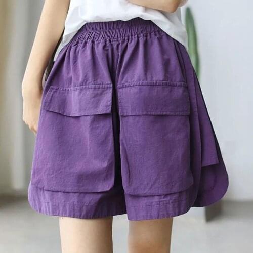 New Arrival 2021 Summer Arts Style Women Elastic Waist Loose Casual Knee Length Pants Big Pocket Design Cotton Harem Pants V354