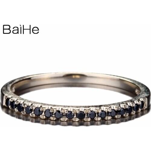 BAIHE Solid 14K Yellow Gold 0.15ct Round Black Diamonds Trendy Engagement Gift Wedding Band Women Gift Black Diamond Ring