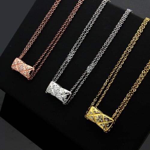Fashion Micro Inlay AAA+ Rhinestone Rhombus Lattice Necklace&Pendant Stainless Steel Double Chains Necklace Women Brand Jewelry