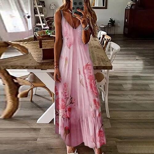 Female Long Dress Summer Spring Spaghetti Strap Floral Dress Pink Casual Dress For Vacation Sundress