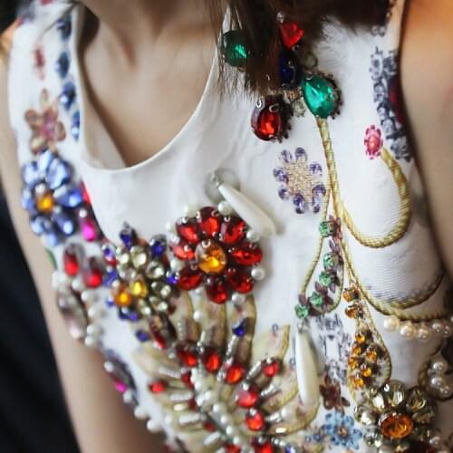 Handmade Beaded Diamond Tank Dress Women O Neck Floral Print Dobby Sleeveless Lady Retro Evening Party Dress Baroque Style