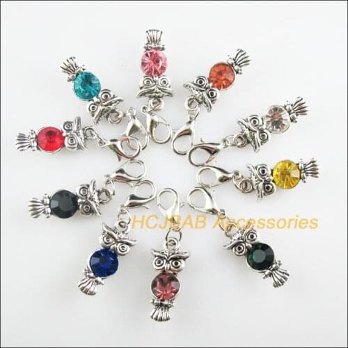 10 New Owl 10.5x22mm Charms Mixed Round Crystal Tibetan Silver Plated Retro With Lobster Claw Clasps